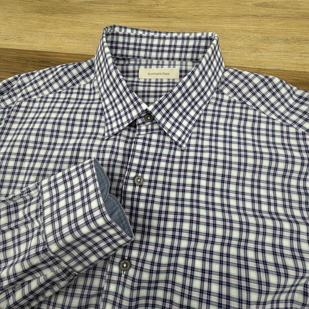 Ermenegildo Zegna Button Down Shirt‎ 2XL Dress Formal Blue Purple Check Window